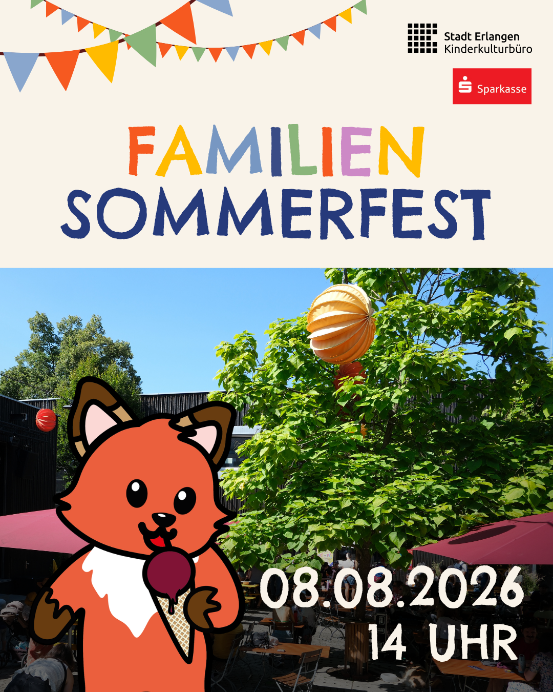 Gezeichneter Bär leckt am Eis - im Hintergrund Garten des E-Werk